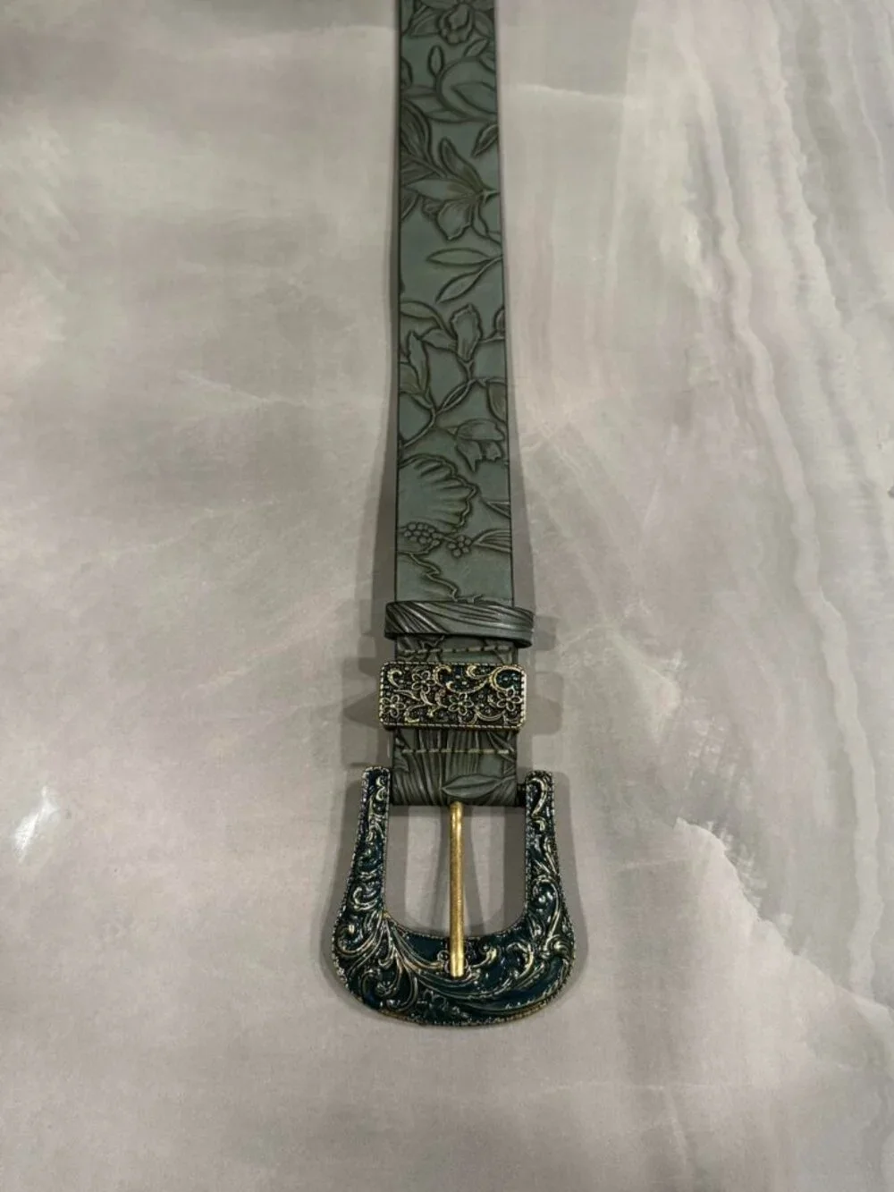 Forest Green Embossed Floral Bronze Buckle Belt